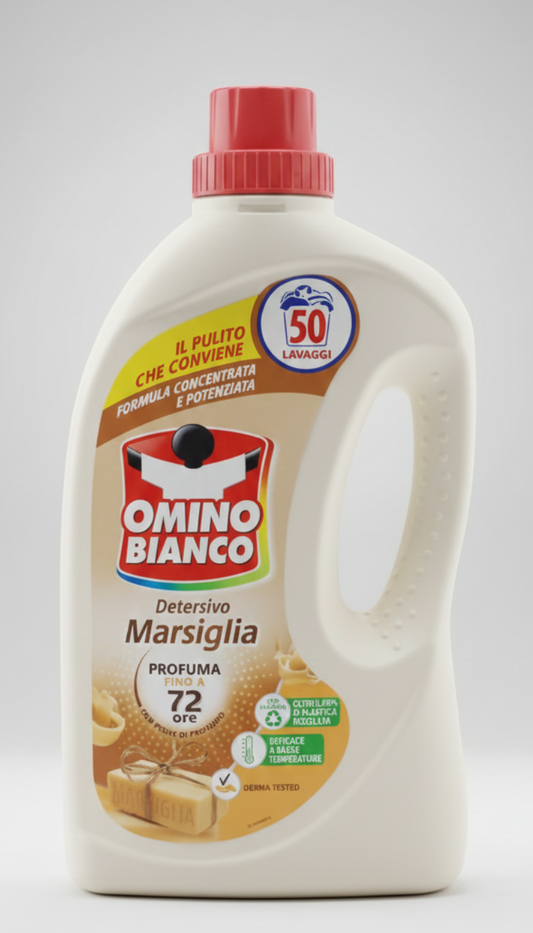 Omino Bianco Detersivo Lavatrice Liquido al Profumo di Marsiglia 2L | Formato 50 Lavaggi | Pulizia Profonda e Formula Scioglimacchia | Rispetta Tessuti e Colori | Efficace a Basse Temperature