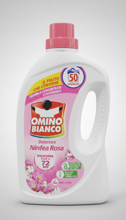 Omino Bianco Detersivo Lavatrice Liquido Ninfea Rosa 2L | 50 Lavaggi | Azione Smacchiante Profonda | Profumo Fiorito Persistente | Rispetta Fibre e Colori