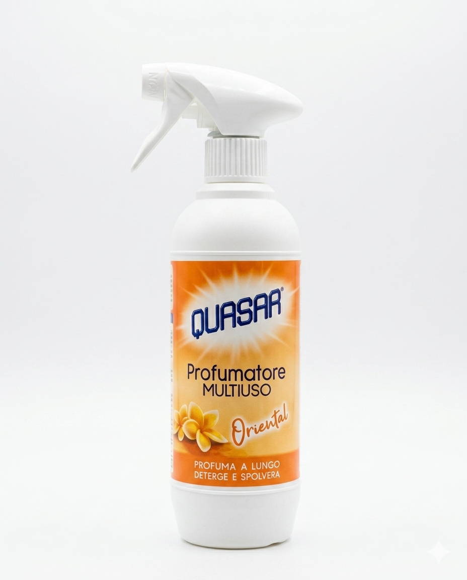 Quasar Profumatore Multiuso Spray 500ml | Azione Professionale 3 in 1: Pulisce, Spolvera e Deodora | Formula Zero Aloni con Effetto Antistatico