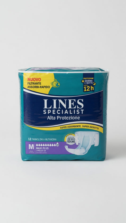 LINES Specialist Alta Protezione Maxi Plus Taglia M (70-110 cm) | 12 Pezzi | Pannoloni a Mutandina Livello 10 con Assorbenza 12h e Zero Odore