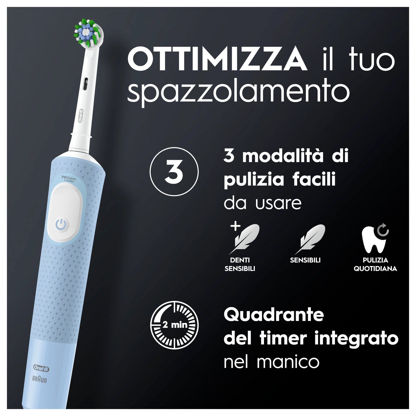 Oral-B Vitality Pro Spazzolino Elettrico Ricaricabile | 3 Modalità di Pulizia (Denti Sensibili Plus) | Tecnologia 2D | Timer Professionale 4 Zone | Rimuove fino al 100% di Placca