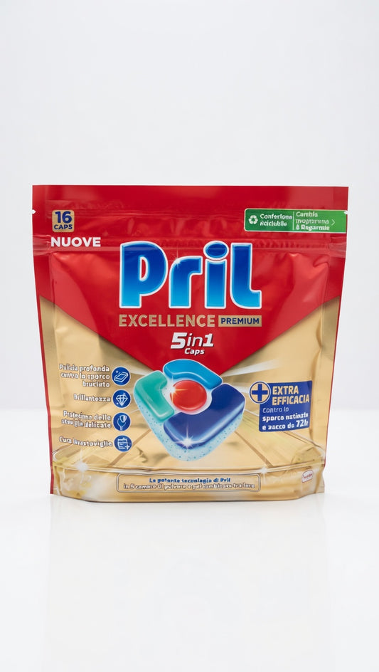 Pril Excellence Premium Caps 5in1 | 16 Capsule Lavastoviglie | Extra Efficacia Sporco Ostinato | Protezione Cristalli e Cura Lavastoviglie