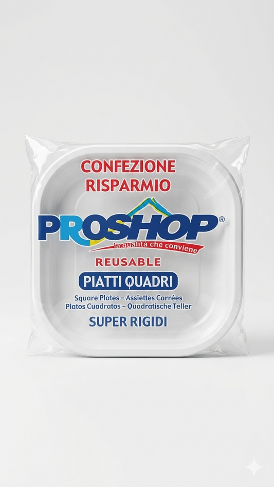 Proshop Piatti Quadri Super Rigidi Reusable 24 PZ | Piatti Riutilizzabili in Plastica di Alta Qualità | Design Moderno e Certificazione ISO 9001/14001/45001