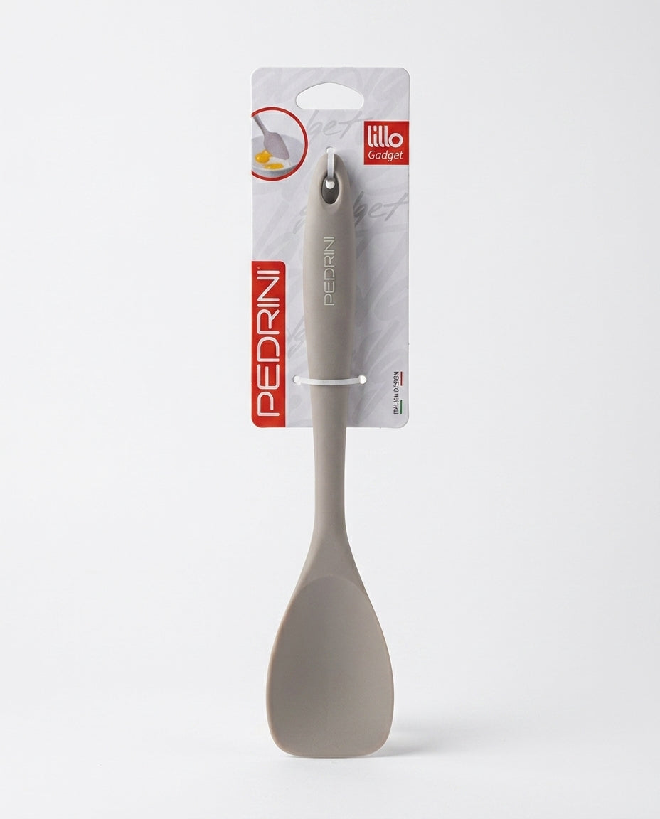 Pedrini Spatola Mestolo in Silicone Alimentare, cucchiaio leccapentole 2-in-1 per dolci e casseruole antiaderenti, con design ergonomico italiano e resistenza al calore, colore marrone e bianco.