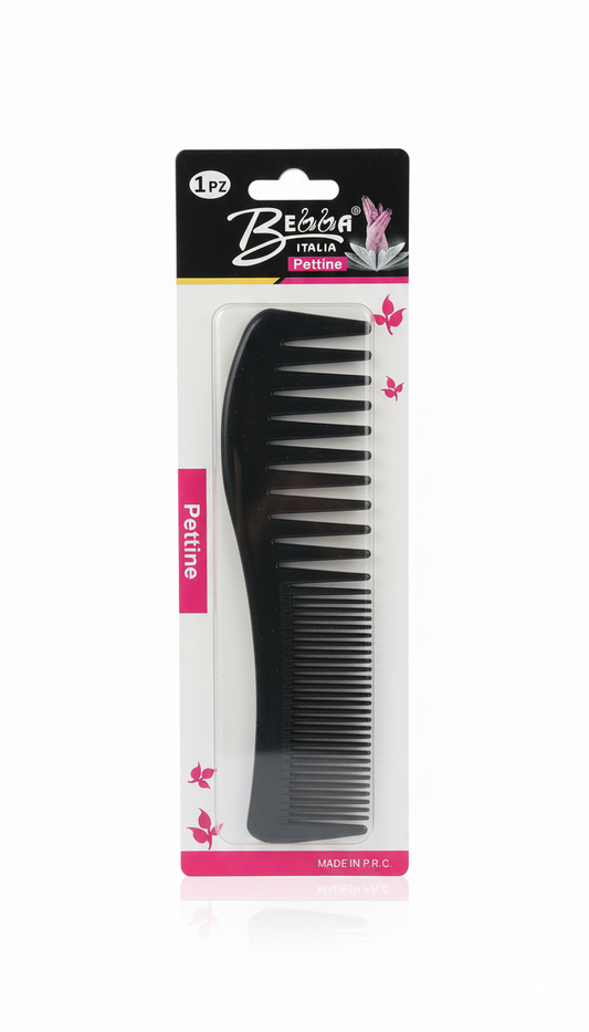 Bella Italia Pettine Nero Professionale Art. 10073, pettine con doppia dentatura fitta e larga da 5x18 cm, ideale per districare i capelli, realizzare lo styling e distribuire uniformemente maschere e trattamenti, pratico e versatile per uso professionale e domestico.