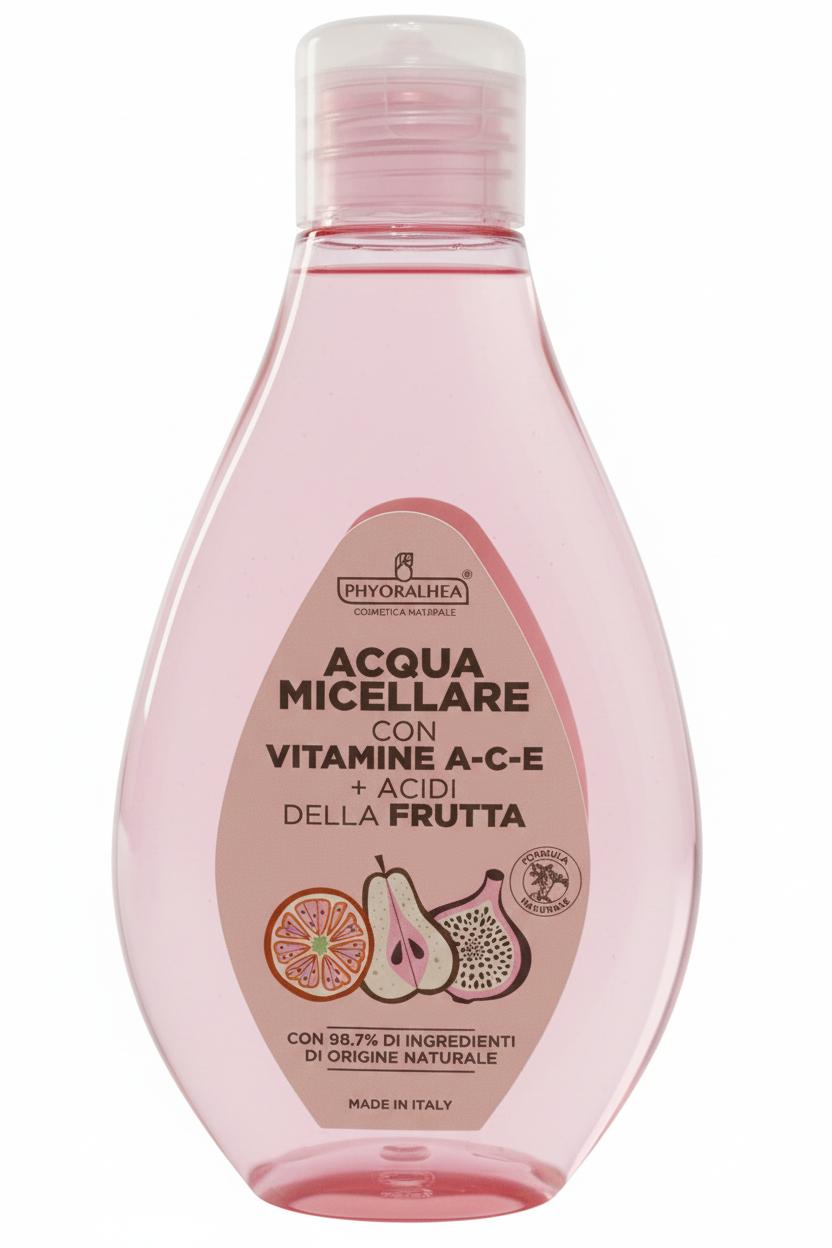 PHYORALHEA Acqua Micellare 250ml – Con Vitamine A-C-E + Acidi della Frutta (AHA) – Detergente Viso Delicato Rigenerante e Idratante – Formula Naturale
