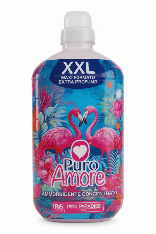 Puro Amore Pink Paradise ammorbidente concentrato 1806 ml maxi XXL 86 lavaggi con oli essenziali, morbidezza extra e profumo floreale duraturo.