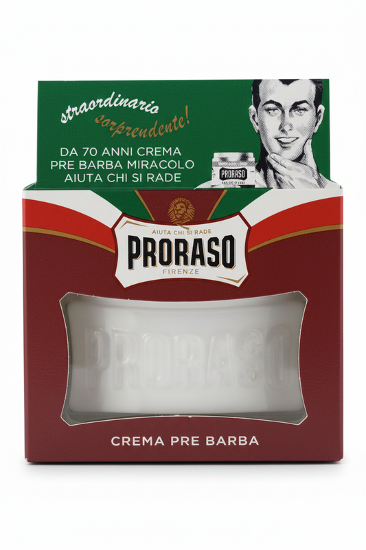 Proraso Crema Pre Barba Linea Rossa 100ml per barbe dure, con olio di sandalo e burro di karité, crema pre-rasatura emolliente che ammorbidisce la barba, protegge la pelle e facilita una rasatura fluida e senza irritazioni.