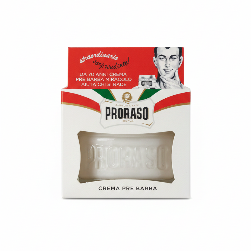 Proraso Crema Pre Barba Linea Bianca 100ml per pelli sensibili, crema anti-irritazione con Avena e Tè Verde, trattamento pre-rasatura lenitivo che crea uno scudo protettivo sulla pelle e ammorbidisce la barba per una rasatura delicata.