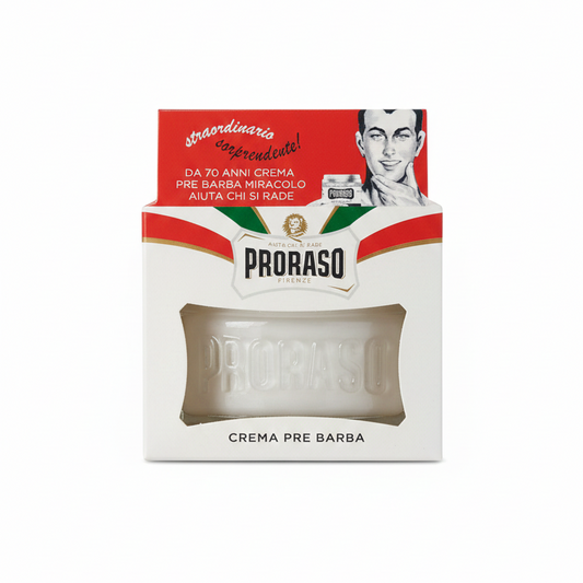Proraso Crema Pre Barba Linea Bianca 100ml per pelli sensibili, crema anti-irritazione con Avena e Tè Verde, trattamento pre-rasatura lenitivo che crea uno scudo protettivo sulla pelle e ammorbidisce la barba per una rasatura delicata.