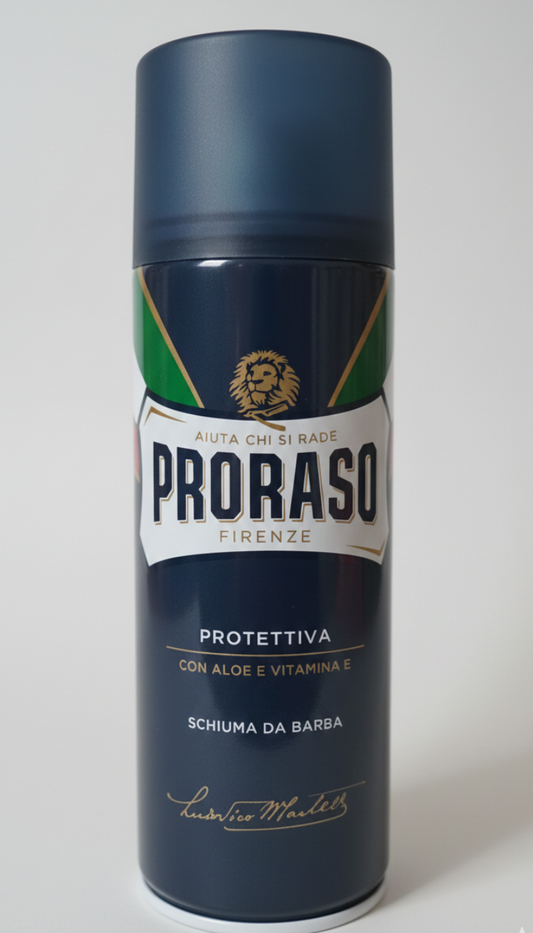 Proraso Schiuma da Barba Protettiva Linea Blu 400 ml con aloe vera e vitamina E per pelle idratata.