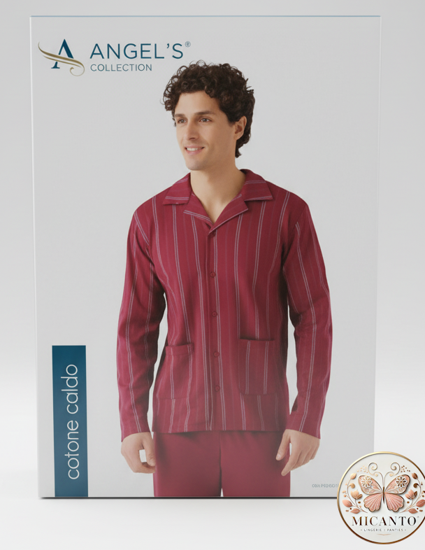 Angel's Collection Pigiama Uomo Invernale | Cotone Caldo Interlock, Fantasia a Righe, Blu/Plum