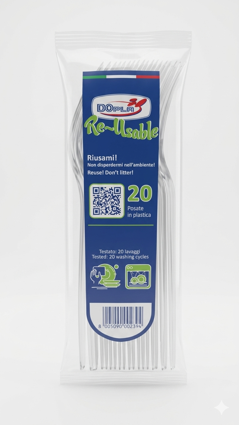 DOPLA Forchette Re-Usable Trasparenti | Posate in Plastica Rigida Riutilizzabili | Testate per 20 Lavaggi | Ideali per Catering, Eventi Eleganti e Feste