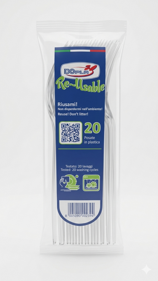 DOPLA Forchette Re-Usable Trasparenti | Posate in Plastica Rigida Riutilizzabili | Testate per 20 Lavaggi | Ideali per Catering, Eventi Eleganti e Feste