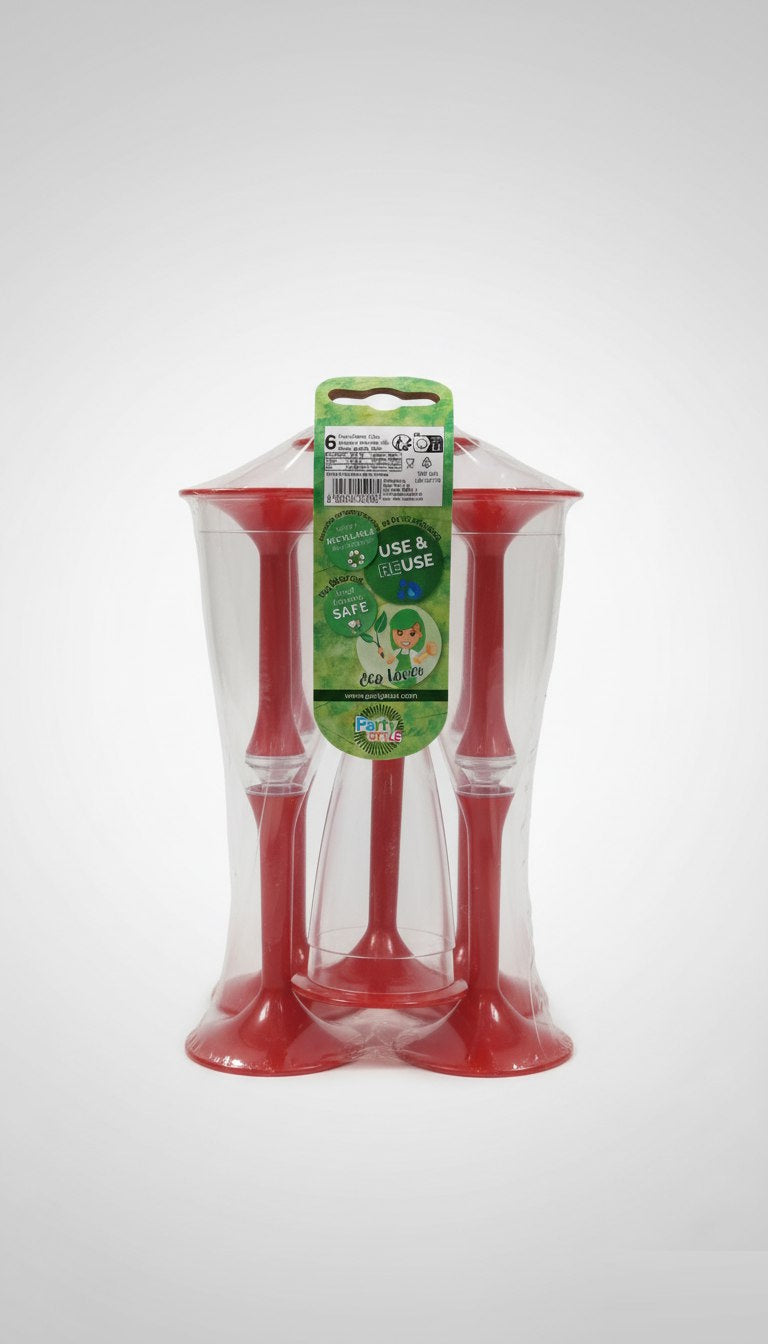 Set 6 Flûte Riutilizzabili Bicchieri Spumante Plastica Dura Eco Gambo Rosso – Perfetti per Feste, Catering ed Eventi
