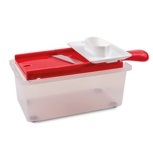 Rigamonti KIT SVELTAFETTA Art 290 – Mandolina con Contenitore 1,5 L e Proteggidita – Lama in Acciaio Inox Superaffilata a Seghetto – Bianco/Rosso