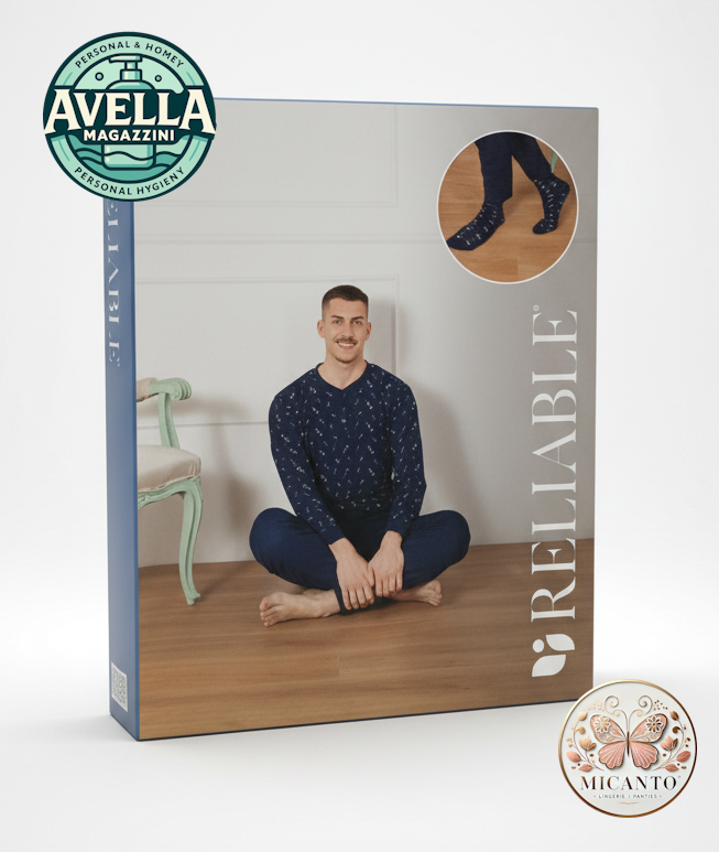 Reliable Pigiama Uomo "Amedeo" in Caldo Cotone | Maniche Lunghe, Fantasia Sobria & Pantaloni Abbinati | Invernale | Include Calzini | Blu/Antracite