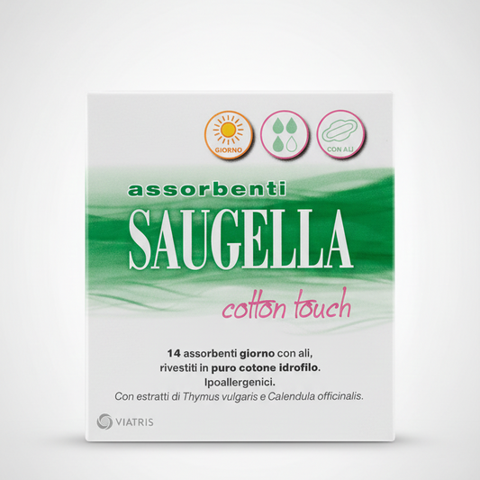 SAUGELLA Cotton Touch Giorno con Ali 14 Pezzi | Assorbenti in Cotone Idrofilo Ipoallergenico | Con Estratti di Timo e Calendula | Protezione Attiva e Anti-Odore | Comfort per Pelli Reattive
