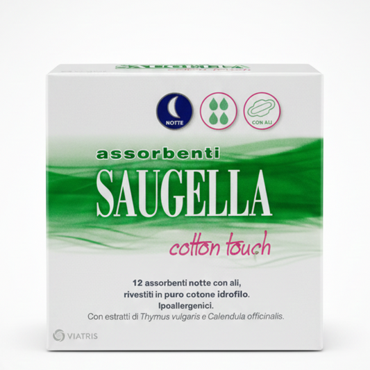 SAUGELLA Cotton Touch Notte con Ali 12 Pezzi | Assorbenti Notturni Ultra Morbidi | Con Estratti di Timo e Calendula | Ipoallergenico e Anti-Odore