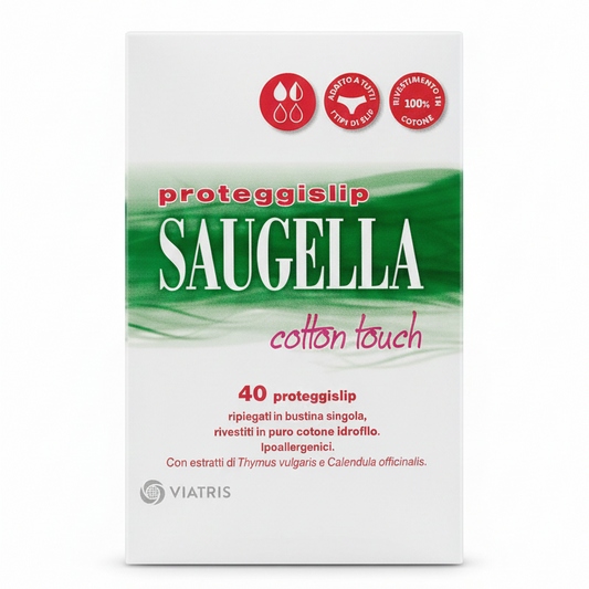 SAUGELLA Proteggi-slip Cotton Touch 40 Pezzi Ripiegati | 100% Cotone Ipoallergenico | Con Estratti di Timo e Calendula | Antimicrobico e Anti-Odore Naturale