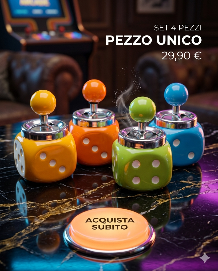 DILeCO Set 4 Posacenere a Pressione Dado in Ceramica – Design Pop Arcade Vintage con Meccanismo Push Anti-Odore