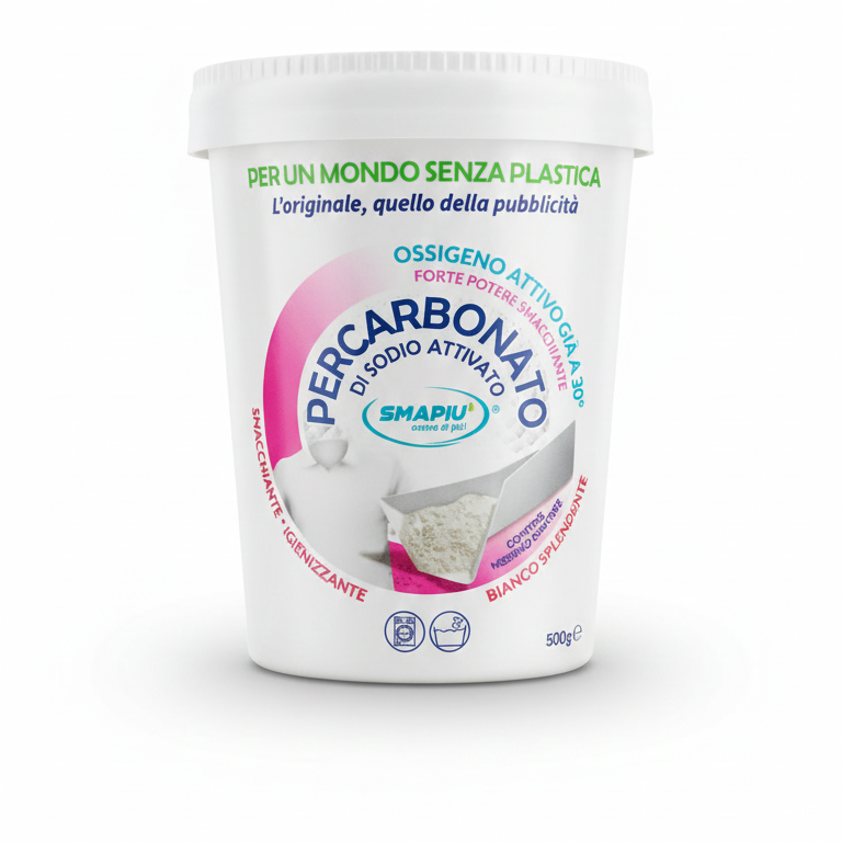 SMAPIÙ Percarbonato di Sodio Attivato Bianco Splendente 500g | Sbiancante e Igienizzante all'Ossigeno Attivo | Efficace a 30°C | Plastic-Free