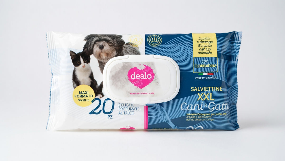 Dealo Maxi Salviettine XXL per Cani e Gatti 20 pezzi, formato 30x20 cm, con olio di mandorla e clorexidina, profumo di talco, ideali per l'igiene quotidiana, Made in Italy.