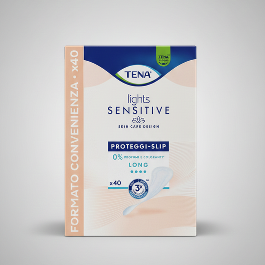 Proteggi-slip per incontinenza TENA Lights Sensitive Long confezione da 40 pezzi, formato lungo per perdite urinarie leggere con maggiore copertura e stabilità, superficie extra estesa per comfort e sicurezza durante il movimento, formula 0% profumi e coloranti dermatologicamente testata per pelli sensibili, nucleo assorbente a rapido assorbimento che trattiene i liquidi mantenendo la pelle asciutta, tecnologia Odor Control per neutralizzare gli odori, materiali traspiranti SkinSafe per massima ventilazione