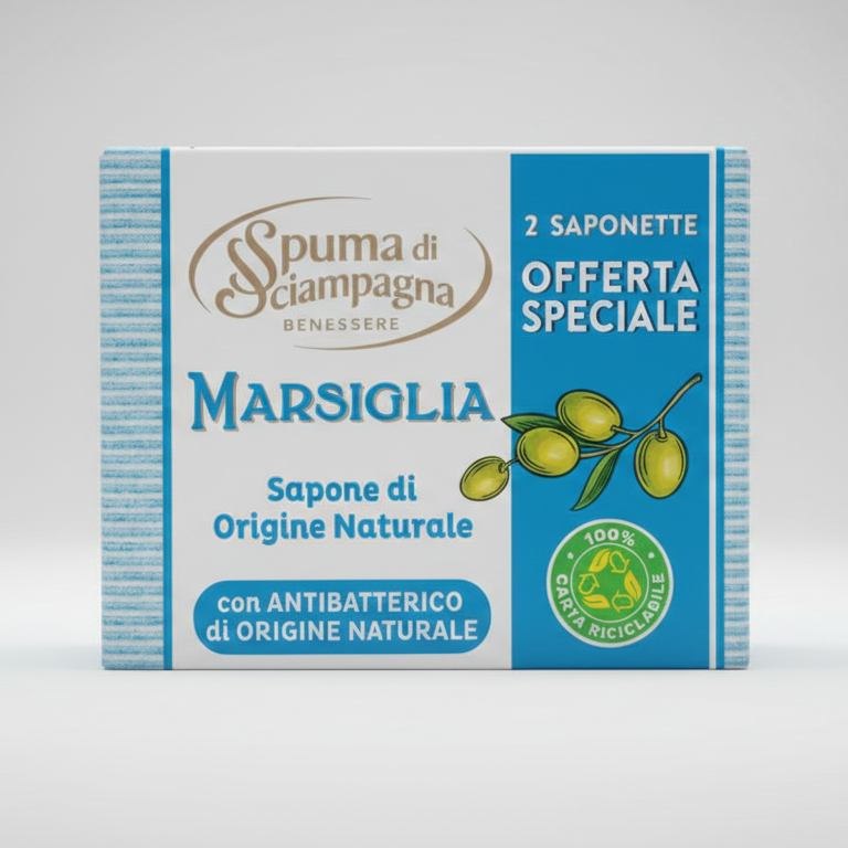Spuma di Sciampagna Sapone Marsiglia Solido 2x125g | Formula Naturale Antibatterica | Detersione Delicata Viso e Corpo | Made in Italy dal 1854