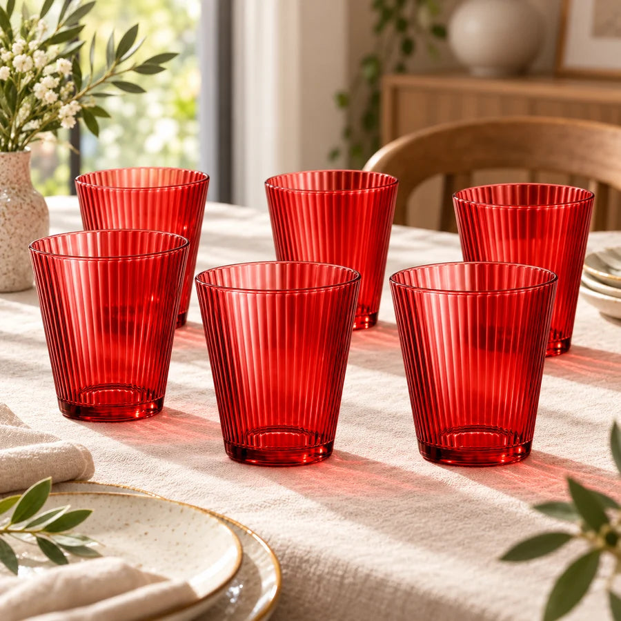 Maison Tortorà Set 6 Bicchieri in Vetro Colorati Rosso Prestige 260 ml per Acqua Succhi e Drink – Design Scanalato Canneté Luxury