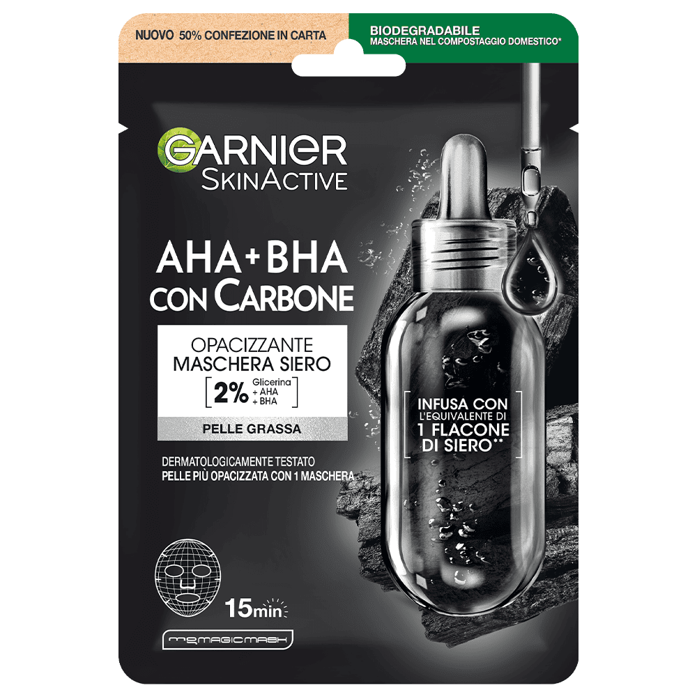 Garnier Pure Charcoal Maschera Nera in Tessuto AHA + BHA e Carbone – Opacizzante e Purificante – Per Pelli Grasse e Miste – 28g