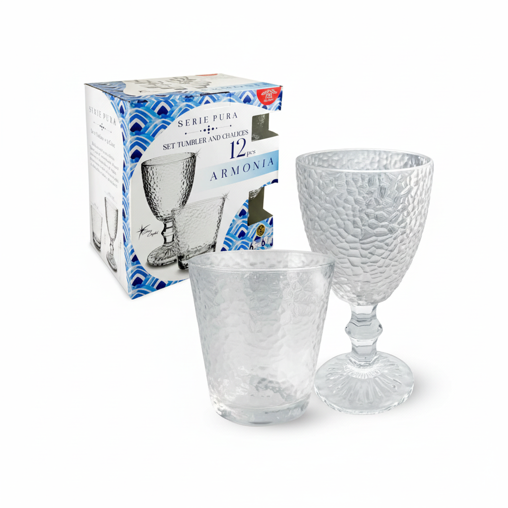 ARCA Set 12 Pezzi Pura Armonia in Vetro a Rilievo – 6 Calici Vino (295ml) + 6 Bicchieri Acqua (300ml)