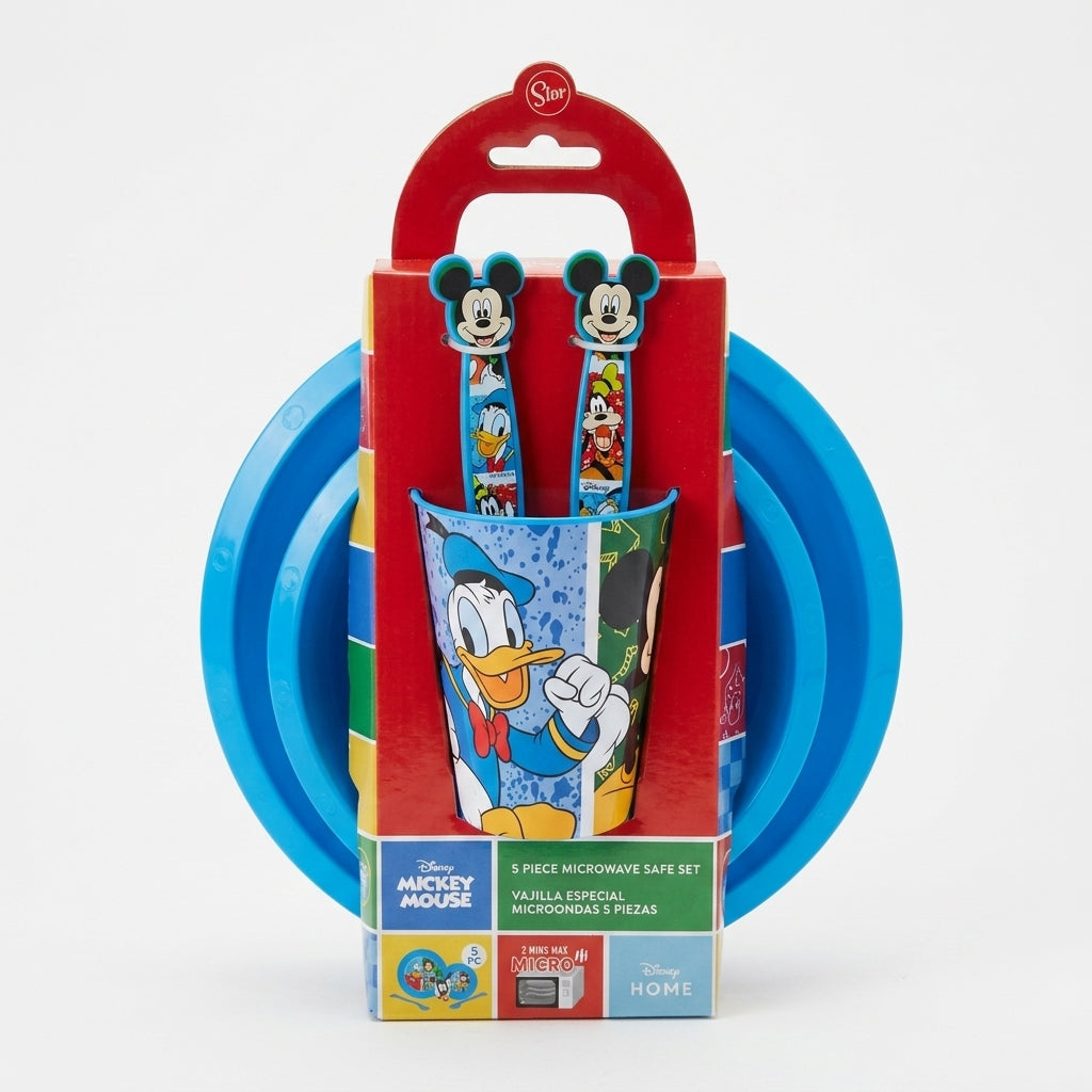 Set Pappa Disney Mickey Mouse e Paperino 5 pezzi, kit pranzo completo per bambini BPA Free con piatto piano, piatto fondo, bicchiere e posate arrotondate.
