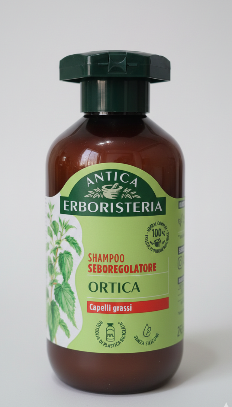 Antica Erboristeria Shampoo Seboregolatore Ortica 250ml con estratto di ortica per capelli grassi, azione purificante e volumizzante, formula vegana senza siliconi.