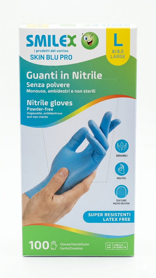 Smilex Skin Blu Pro Guanti in Nitrile Taglia L, confezione da 100 pezzi, senza polvere e lattice, super resistenti, microruvidi e idonei al contatto alimentare.
