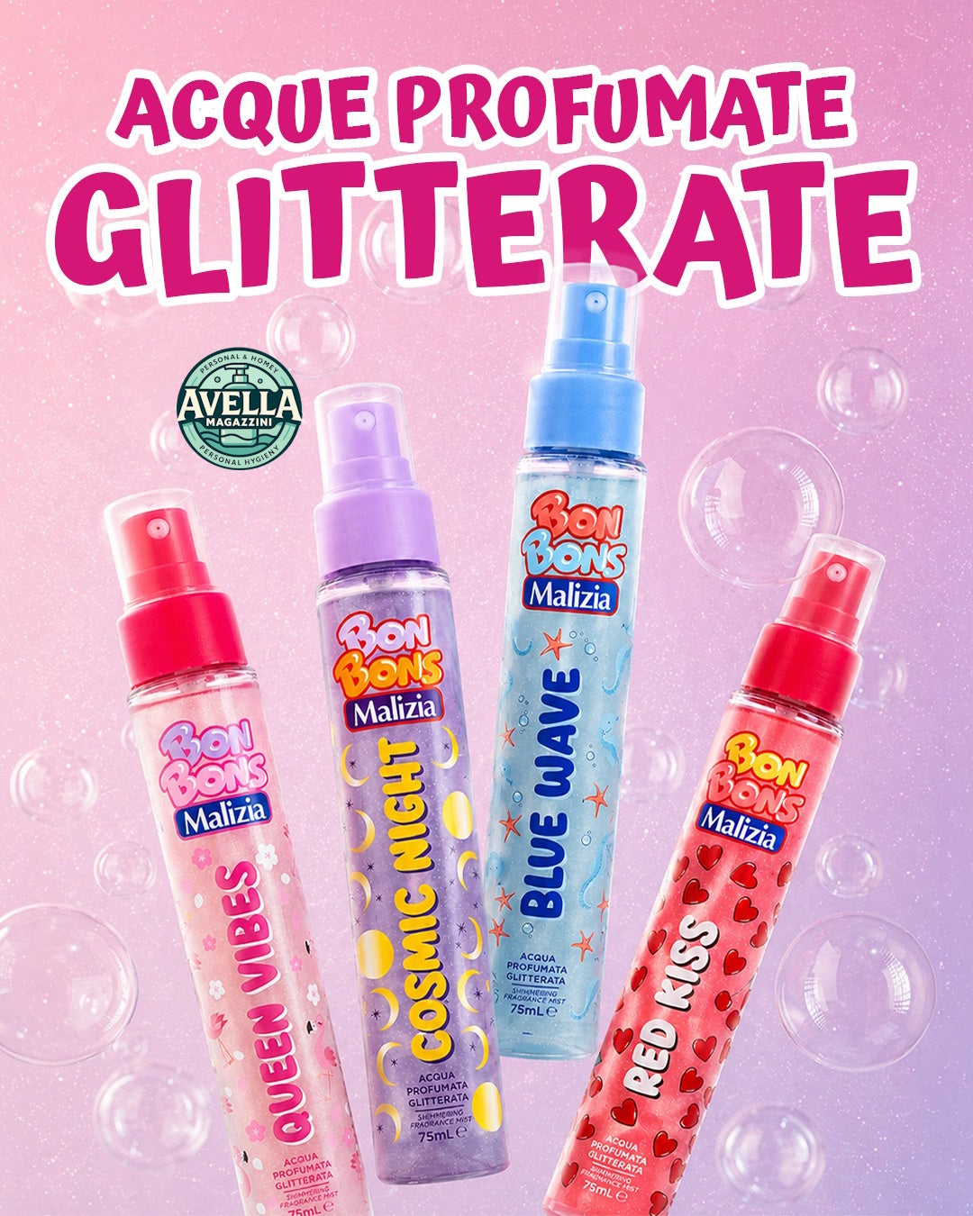MALIZIA BON BONS Acqua Profumata Corpo Glitterata Lozione Spray – Glow Illuminante Shimmer per Pelle Luminosa