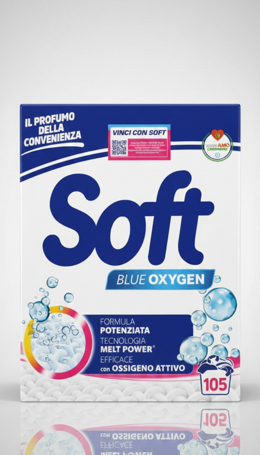 Soft Blue Oxygen Detersivo Lavatrice in Polvere | Fusto Maxi 105 Misurini (5,250 kg) | Azione Igienizzante: Rimuove Germi, Batteri e Macchie Ostinate | Bianchi Brillanti Senza Candeggina | Efficace a 40 Gradi