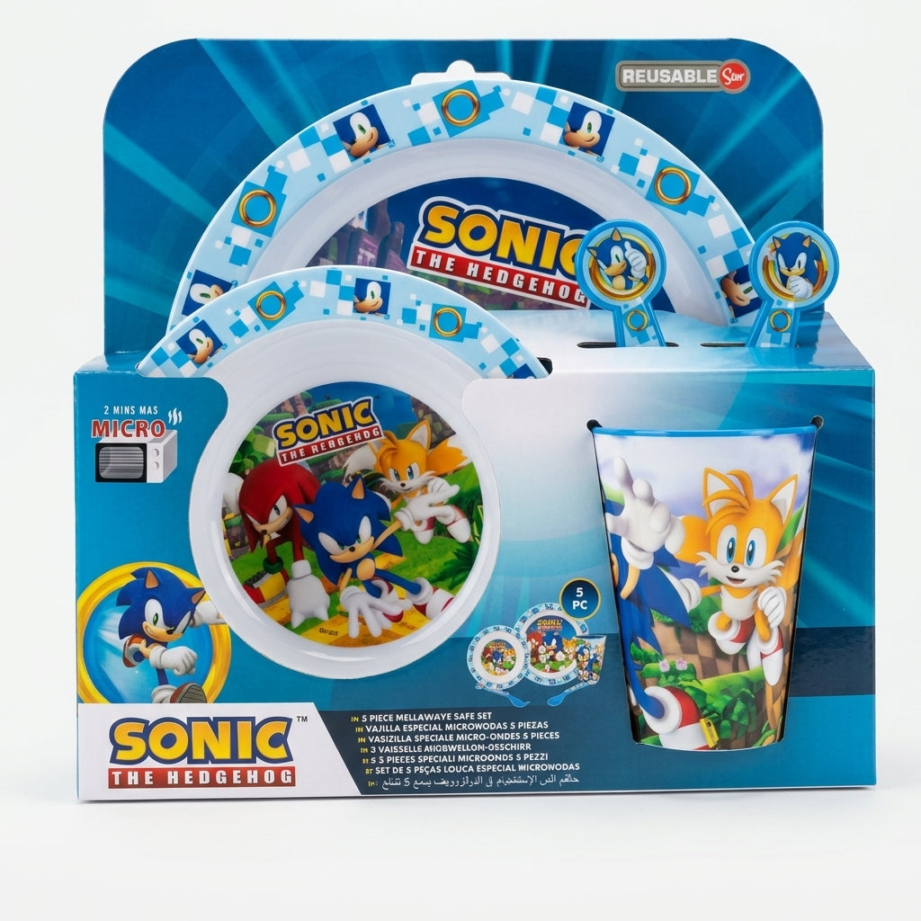 Stor Sonic The Hedgehog Set Stoviglie Bambini 5 Pezzi | Piatto, Ciotola, Bicchiere 260 ml e Posate | Senza BPA | Microonde 600W | 4+ Anni