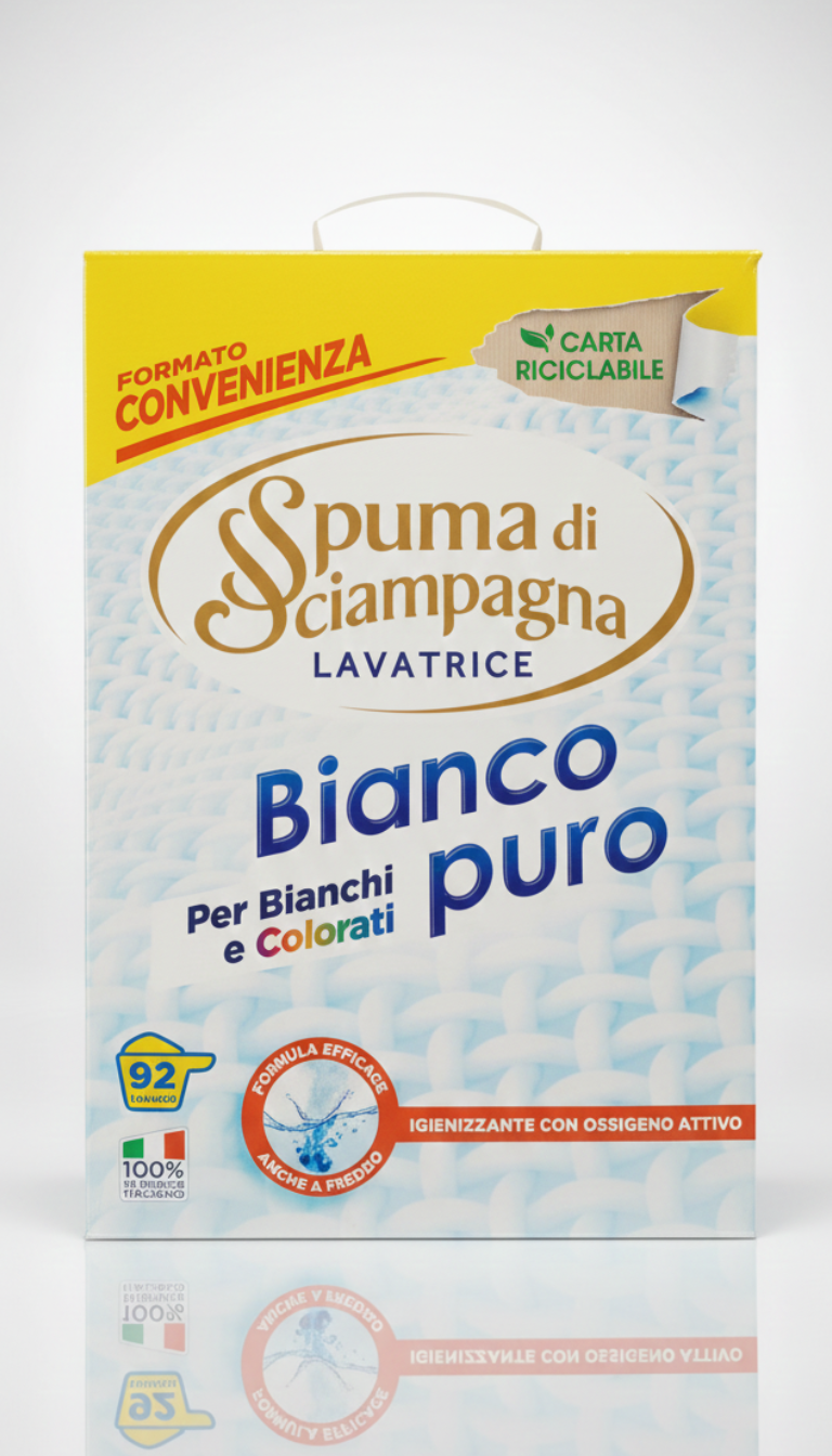 Spuma di Sciampagna Bianco Puro | Detersivo Lavatrice in Polvere 92 Lavaggi | Con Ossigeno Attivo per Bianchi Brillanti e Colorati Vivi | Azione Igienizzante e Smacchiante | Efficace a Basse Temperature