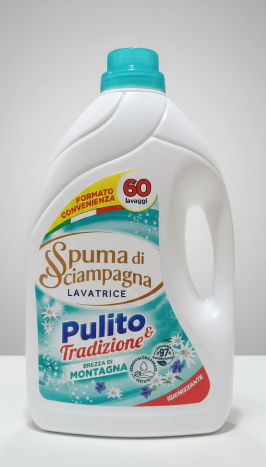 Spuma di Sciampagna Lavatrice Brezza di Montagna 3L, detersivo liquido 60 lavaggi, efficace a freddo e profumo balsamico