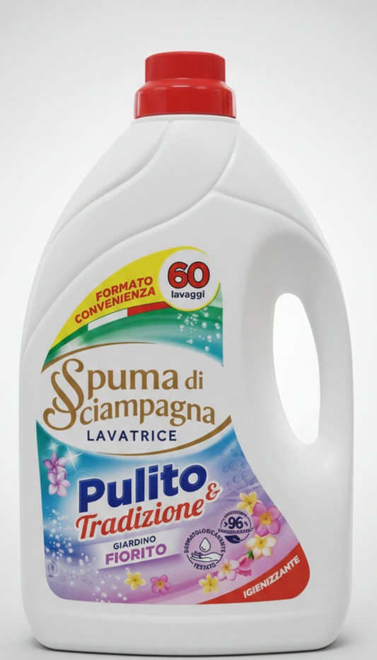 Spuma di Sciampagna Lavatrice Giardino Fiorito 3 Litri 60 Lavaggi | Detersivo Liquido Bianchi e Colorati | Pulizia Profonda e Profumo Persistente