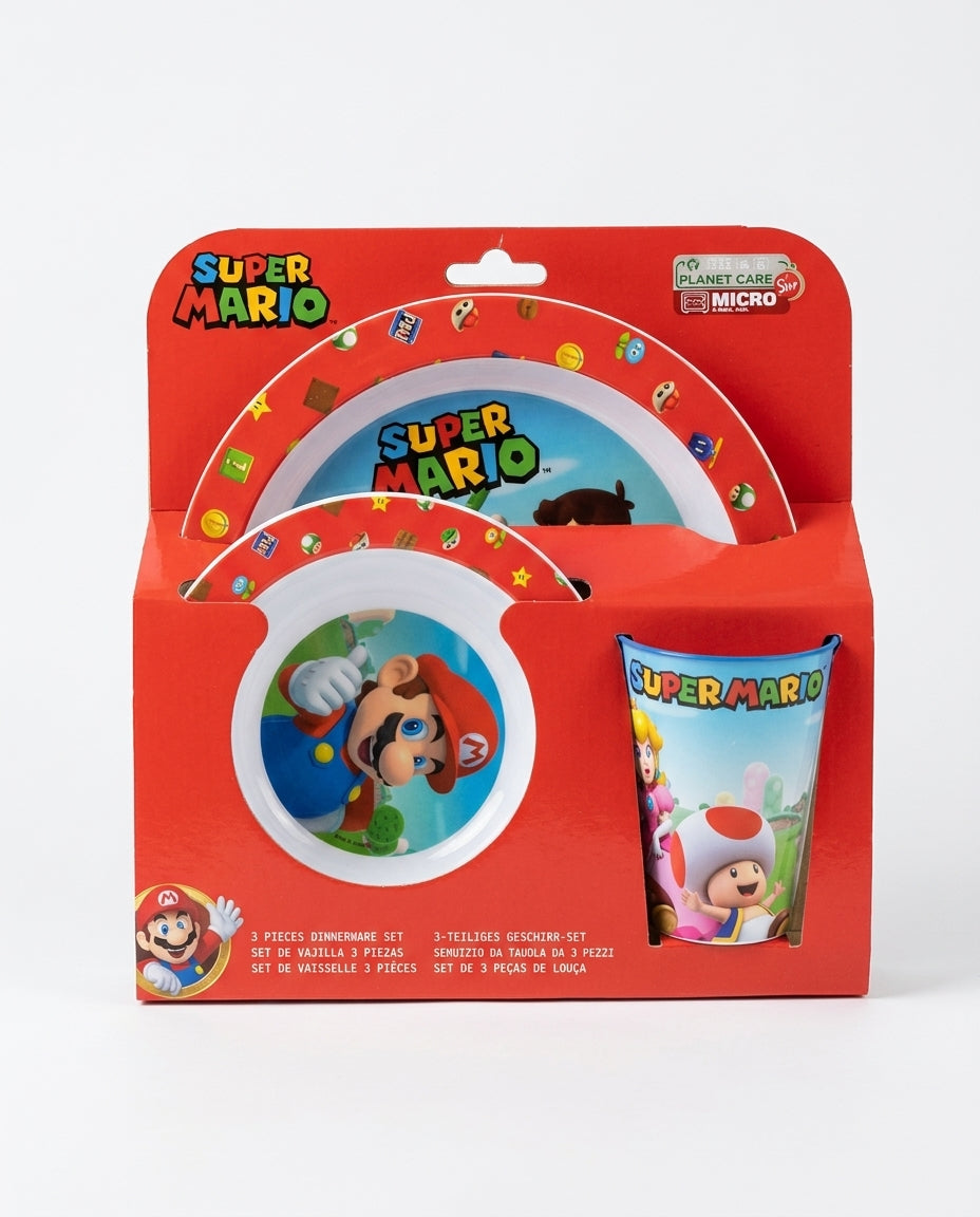 Super Mario Set Pappa con 2 piatti e bicchiere da 260 ml, tema Mario e Luigi, realizzato in PVC resistente, ideale per scuola, merenda, colazione e come regalo per bambini.