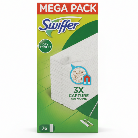 Swiffer Ricambi Panni per Scopa Dry | Giga Pack 76 Pezzi | Tecnologia Cattura & Blocca 3X | Efficace su Polvere, Peli e Capelli | Formato Scorta Convenienza per Tutte le Superfici