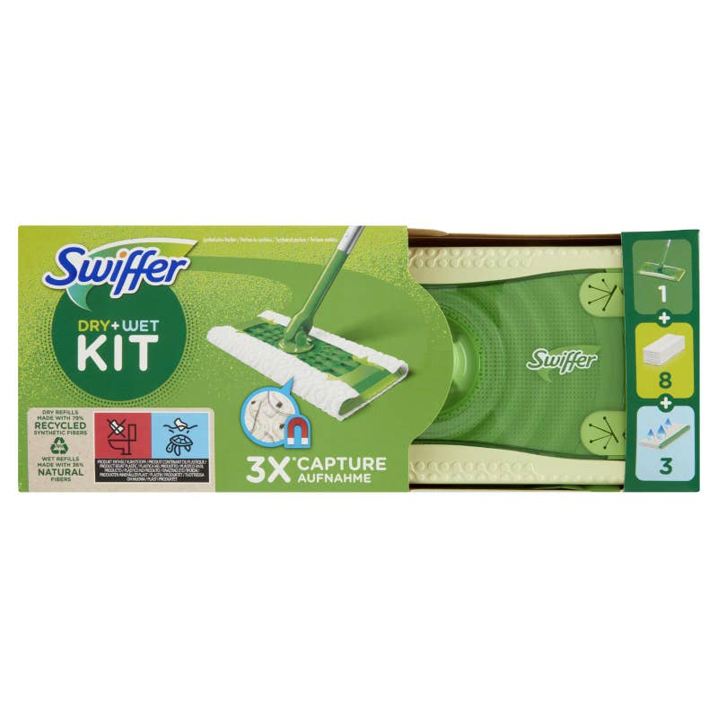 Swiffer Starter Kit con scopa, 8 panni asciutti e 3 umidi, sistema catturapolvere e lavapavimenti multisuperficie.
