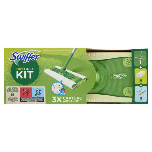 Swiffer Starter Kit con scopa, 8 panni asciutti e 3 umidi, sistema catturapolvere e lavapavimenti multisuperficie.