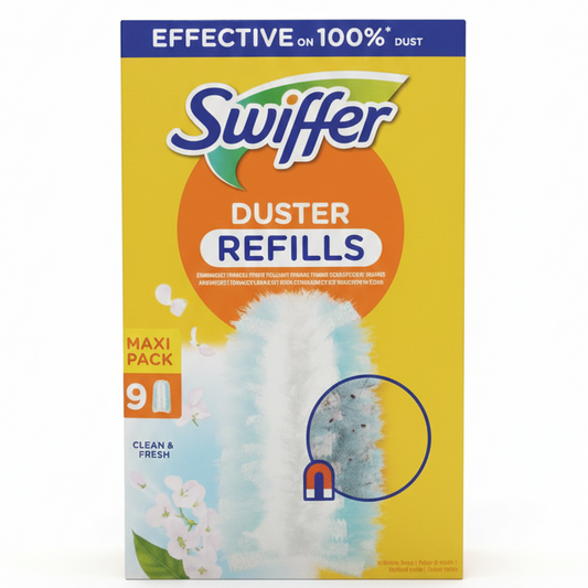 Swiffer Duster Ricambi Catturapolvere Maxi Pack 9 Piumini, ricambi con tecnologia Cattura & Blocca 3X e fragranza Clean & Fresh, trattengono polvere, peli e allergeni su mobili, superfici e punti difficili da raggiungere.