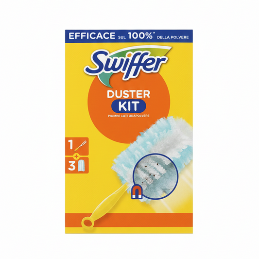 Swiffer Duster Starter Kit | 1 Manico Ergonomico + 3 Piumini Catturapolvere | Tecnologia Cattura & Blocca 3X | Efficace su Polvere, Peli e Allergeni | Ideale per Superfici Delicate