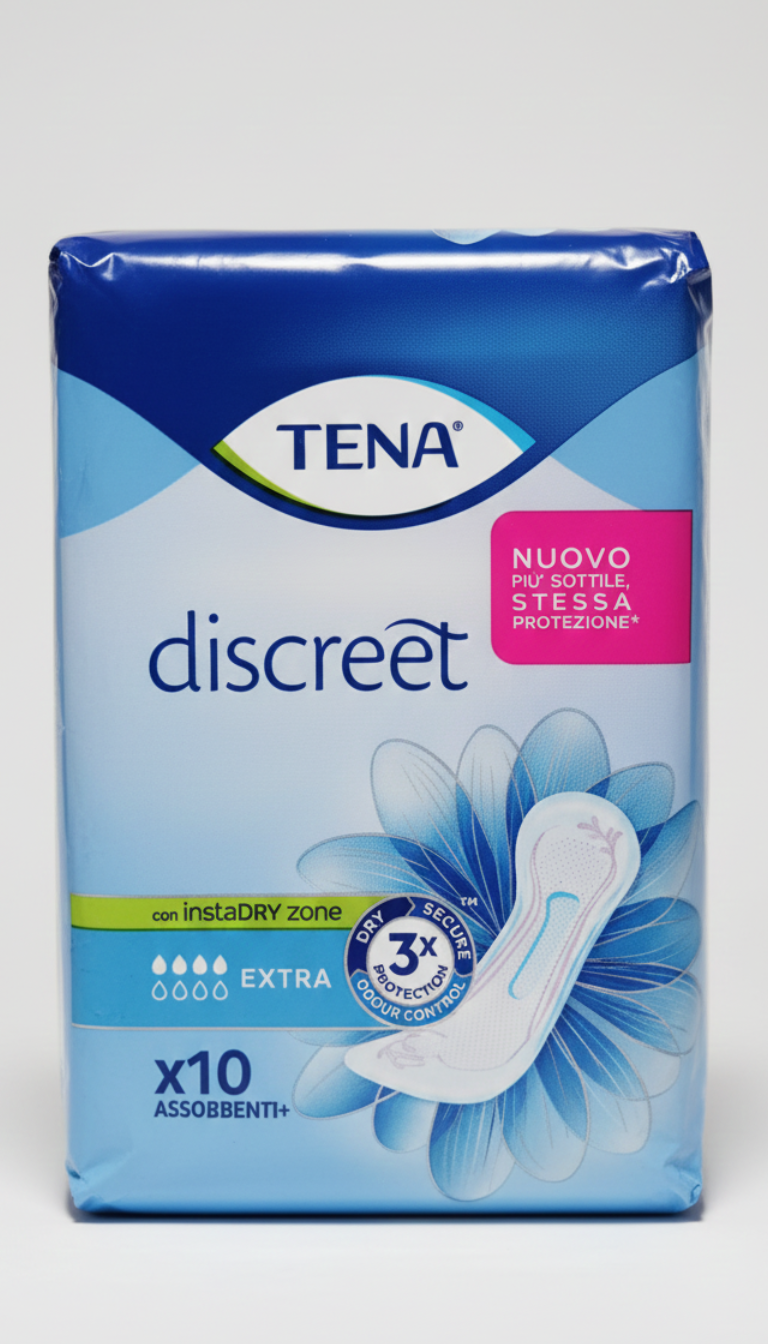 Assorbente per incontinenza TENA Discreet Extra confezione da 10 pezzi, progettato per perdite urinarie moderate con tecnologia instaDRY™ a rapido assorbimento che trasforma il liquido in gel e lo intrappola nel nucleo assorbente, struttura anatomica a forma di barchetta per adattamento al corpo, superficie morbida tipo cotton-like traspirante a contatto con la pelle, sistema Tripla Protezione contro perdite, odori e umidità residua, controllo odori con microperle attive Fresh Odour Control, bustine singole