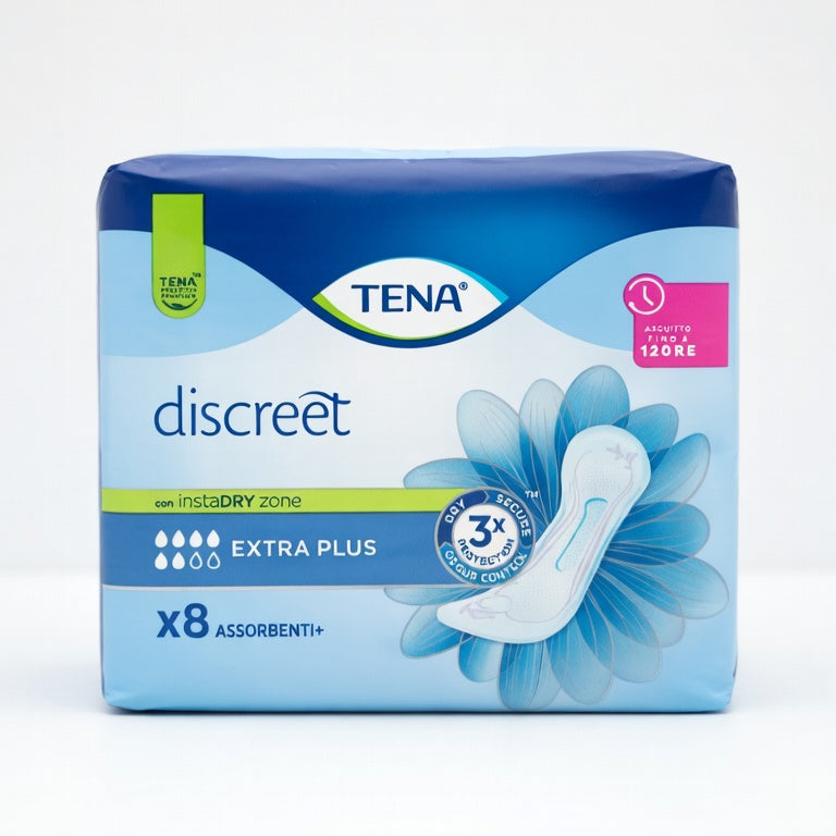 TENA Discreet Extra Plus 8 pz: assorbente femminile con instaDRY™, Tripla Protezione, asciutto fino a 12h e controllo odori.