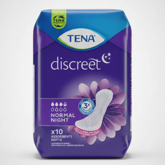 TENA Discreet Normal Night 10 Pezzi | Assorbenti Notturni per Incontinenza | Protezione Lie Down Protection™ e Anti-Odore | Massima Assorbenza Notte